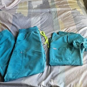 Figs Teal Scrub Set with Neon Accents